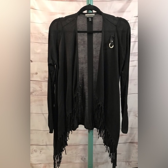 🖤BLK FRINGE BUCKLE WRAP CLOSURE LONG SLEEVE CARDIGAN SZ SM BY ALLISON BRITTNEY - Picture 1 of 6